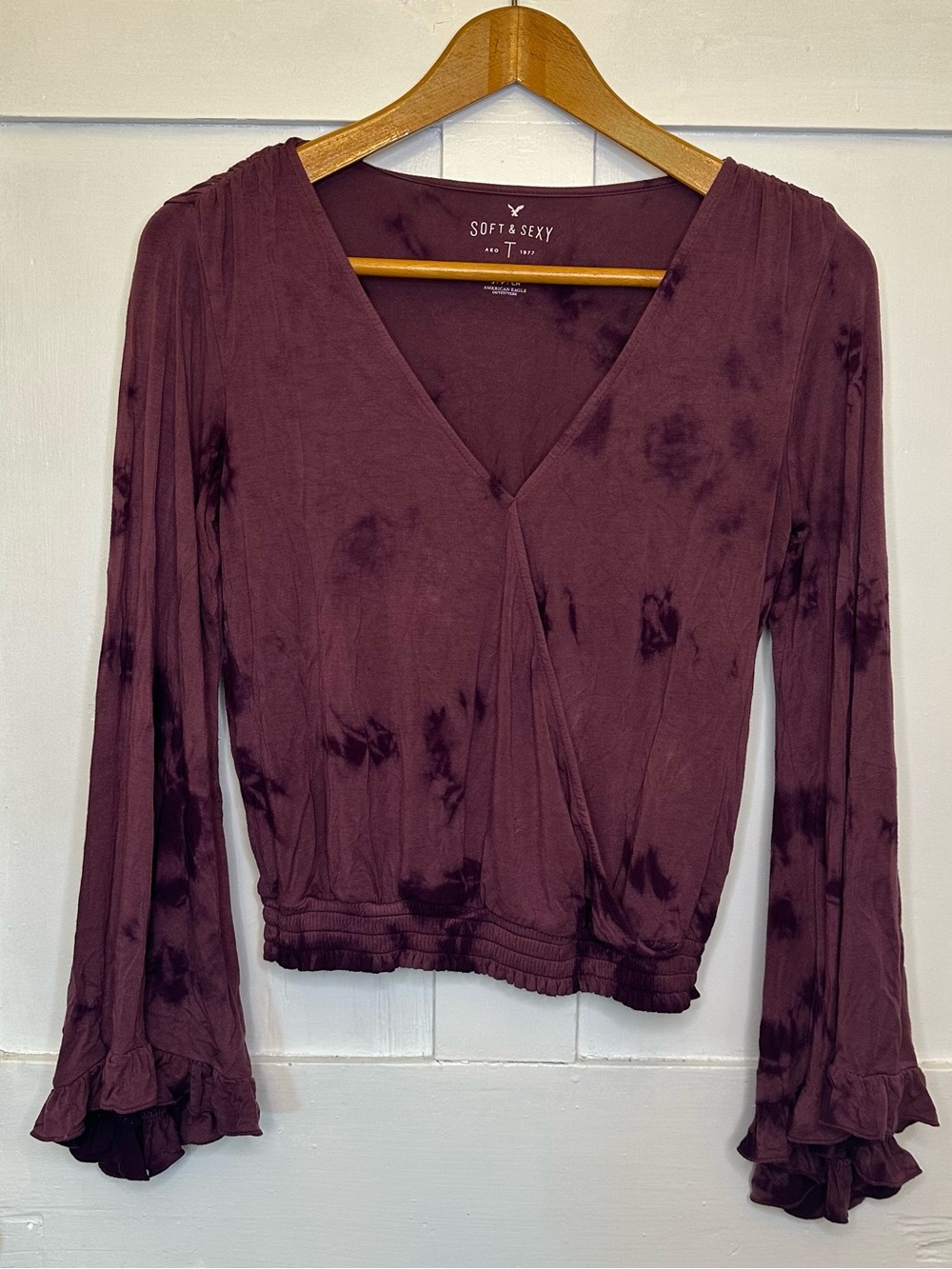 American Eagle Outfitters Plum Maroon Tie-Dye Wrap-Front Long Sleeve Top